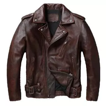Китайский размер классические куртки в стиле мотоцикла винтажная красно-коричневая мужская кожаная куртка из натуральной коровьей кожи мотокуртка весна осень M
