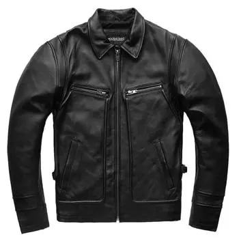 Китайский размер MAPLESTEED Бренд Мужская кожаная куртка из натуральной коровьей кожи Винтажная красная коричневая черная коровья кожа Куртки мужские пальто мягкие M чёрный