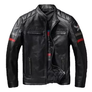 Китайский размер Мужская кожаная куртка из натуральной коровьей кожи Мотоциклетные байкерские куртки Мужская одежда S чёрный