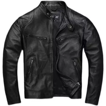 Китайский размер Мужская кожаная куртка из натуральной коровьей кожи Мотоциклетные байкерские куртки Мужская одежда S чёрный