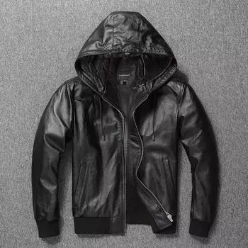 Китайский размер мужская кожаная куртка с капюшоном мягкая натуральная воловья кожа пальто с капюшоном мужская одежда весна осень одежда S чёрный