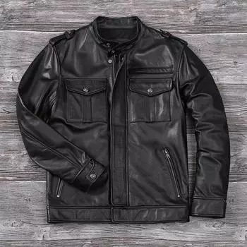 Китайский размер Мужская кожаная куртка Стиль Натуральная коровья кожа Пальто Мягкий приталенный крой Весна S