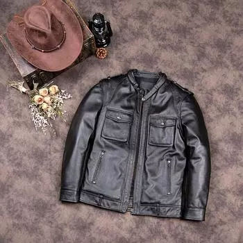 Китайский размер Мужская кожаная куртка Стиль Натуральная коровья кожа Мягкая облегающая куртка Весна Осень S