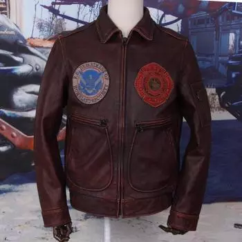 Китайский размер Мужская кожаная куртка Винтаж фрезерованные камни красно-коричневого цвета Мягкий летный костюм бомбардировщика вышитые нашивки S тёмно-рыжий
