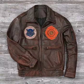 Китайский размер Мужская кожаная куртка Винтаж фрезерованные камни красно-коричневого цвета Мягкий летный костюм бомбардировщика вышитые нашивки S