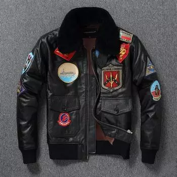 Китайский размер Мужская куртка из натуральной кожи стеганые заплатки 100% коровья кожа и натуральный мех воротник летное пальто Авиатор одежда зимняя S чёрный