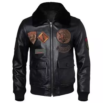 Китайский размер мужская куртка из натуральной кожи стеганые заплатки 100% коровья кожа и натуральный мех воротник летное пальто одежда летчика зимняя азиатский размер M613 S черный кожаный жакет