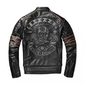 Китайский размер натуральное пальто из коровьей кожи натуральная кожаная одежда мужская мотоциклетная куртка с вышитым черепом для езды на мотоцикле осенняя азиатская куртка размера 6XL M черный кожаный жакет