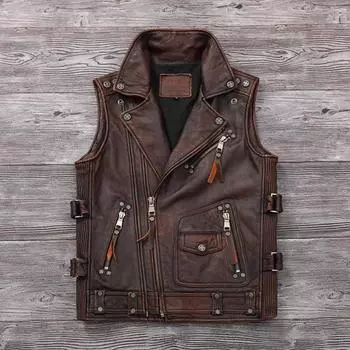 Китайский размер новый винтажный коричневый мотоциклетный байкерский кожаный жилет мужской из натуральной коровьей кожи высокого качества безрукавка тонкий клубный стиль жилеты пальто M