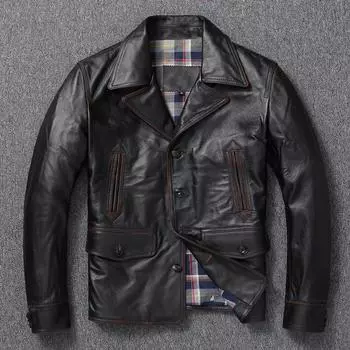 Китайский размер Повседневная черная куртка из натуральной кожи с каймой Мужская мягкая куртка из натуральной коровьей кожи Осень-Весна S черный кожаный жакет