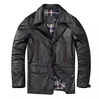 Китайский размер Повседневная мужская кожаная куртка Мягкая натуральная воловья кожа пальто Винтажная ветровка с окантовкой Мужская одежда Осень S черный кожаный жакет