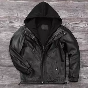 Китайский размер съемный капюшон кожаная куртка мужская натуральная воловья кожа пальто тонкая байкерская одежда мужское пальто зимнее Veste Cuire Homme S