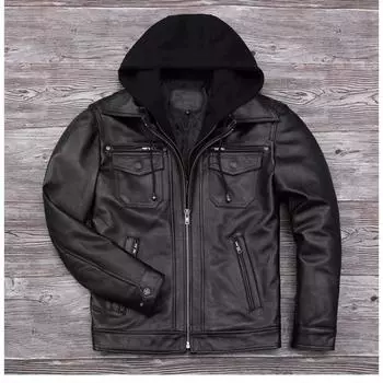 Китайский размер съемный капюшон кожаная куртка мужская натуральная воловья кожа пальто тонкая байкерская одежда мужское пальто зимнее Veste Cuire Homme S