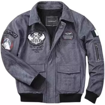 Китайский размер, синяя куртка из натуральной кожи для мужчин, настоящая воловья кожа, военный летный костюм A2, вышитые пилотские пальто, мужская авиационная одежда, осень S