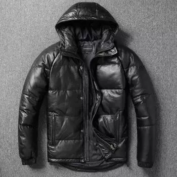 Китайский размер толстая мужская кожаная куртка с капюшоном теплая пуховая куртка зимние длинные пуховики натуральная коровья кожа пальто мужская одежда M чёрный