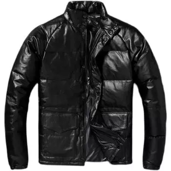 Китайский размер Толстая мужская кожаная куртка Теплый пуховик Зимние пуховики Натуральная коровья кожа Пальто Мужская одежда S чёрный