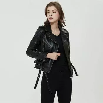 Китайский размер Тонкая женская кожаная куртка 100% мягкая овчина мотоциклетная байкерская куртка женская кожаная куртка с двойными ремнями азиатский размер 4XL M черный кожаный жакет