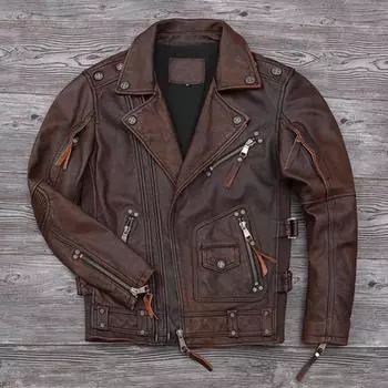 Китайский размер Тяжелая мотоциклетная куртка из натуральной коровьей кожи, верхний слой, коричневый повседневный винтажный ретро-мото костюм, кожаное пальто, зима M