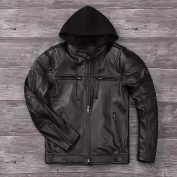 Китайский размер Тяжелая мотоциклетная куртка с капюшоном из натуральной коровьей кожи для мужчин, байкерское пальто, зимние мотоциклетные куртки, теплые куртки S