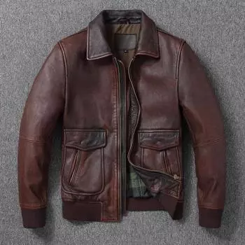 Китайский размер Vintage Red-Browm Flight A2 Мужская натуральная кожаная куртка Light Covered First Layer Cowhed Мужские куртки Осень и зима Пилот кожаная куртка S тёмно-рыжий