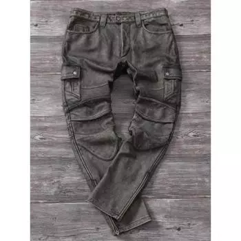 Китайский размер Винтаж Серый Натуральная Кожа Брюки Мужские Мотоциклетные Байкерские Кожаные Брюки Осень Зима Мужские Кожаные Брюки M