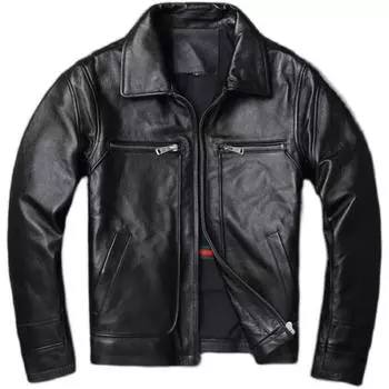 Китайский размер винтажная красная коричневая натуральная кожаная куртка легкая покрытая первый слой коровьей кожи мужская кожаная куртка осень M чёрный