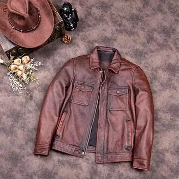 Китайский размер винтажная натуральная кожаная куртка мужская настоящая воловья кожаная куртка бомбер куртка S