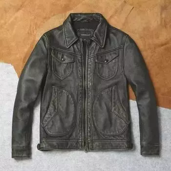 Китайский размер, винтажная оливково-зеленая натуральная воловья мужская кожаная куртка, осеннее пальто с отложным воротником из натуральной кожи S