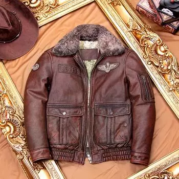 Китайский размер винтажная подлинная воловья кожаная мужская куртка летные куртки мужское зимнее пальто теплый натуральный меховой воротник S