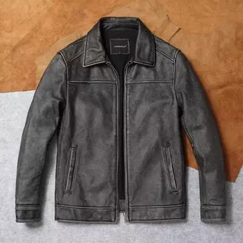 Китайский размер винтажная серая мужская натуральная кожаная куртка из натуральной коровьей кожи короткая тонкая мужская кожаная куртка с отложным воротником весна осень S