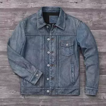 Китайский размер винтажная синяя натуральная кожаная куртка мужская 506 стиль Slim Fit короткая воловья кожа мужское кожаное пальто осень S