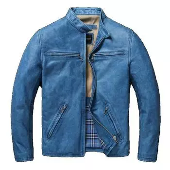 Китайский размер винтажная синяя натуральная воловья кожаная мужская куртка тонкая короткая кожаная куртка для мальчика мужская одежда весна осень L