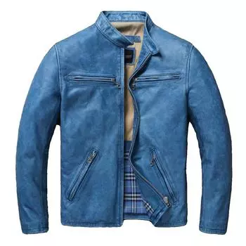 Китайский размер винтажная синяя натуральная воловья кожаная мужская куртка тонкая короткая кожаная куртка для мальчика мужская одежда весна осень S