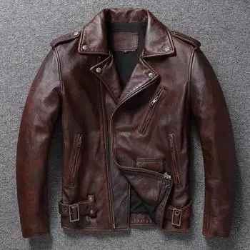 Китайский размер винтажный красно-коричневый подлинный воловья кожа мужское пальто облегающий байкерский стиль пальто мужская одежда осень M