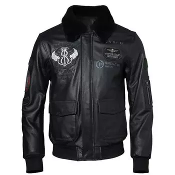 Китайский размер вышитая мужская кожаная куртка 100% натуральная коровья кожа меховой воротник летные куртки военное пальто байкерская одежда азиатский размер M438 S черный кожаный жакет