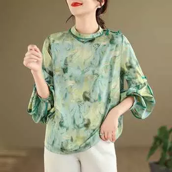 Китайский ретро китайский стиль имитация шелковой блузки шелковицы принт имитация шелковой рубашки для женщин XXL зелёный