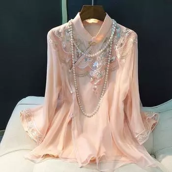 Китайский ретро-стиль Тан жакет с вышитой блузой цветов M