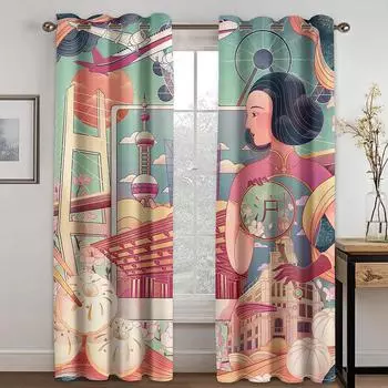 Китайский Шанхай Город Девушка Cheongsam Opera Оконные Шторы Детская Спальня Гостиная Холл Декор Кухня Шторы Шторы W50 X H130(CM)X2&Hook