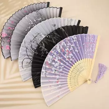 Китайский складной веер с деревянным хвостовиком, веер для классических танцев, высокое качество, элегантная кисточка