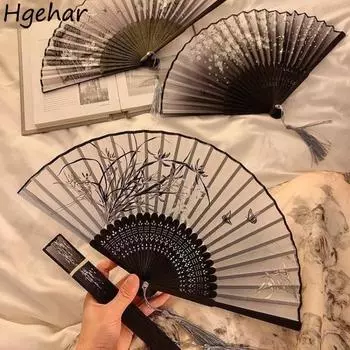 Китайский складной веер с рисунком в технике мытья, традиционный декоративный веер, классический универсальный танцевальный веер с кисточками, украшение для дома, элегантный новый