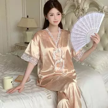 Китайский старинный стиль элегантный цветочный жаккард женская пижама кружево сплетенный бисер узел пижамы новые летние классические дома отдыха M золотой