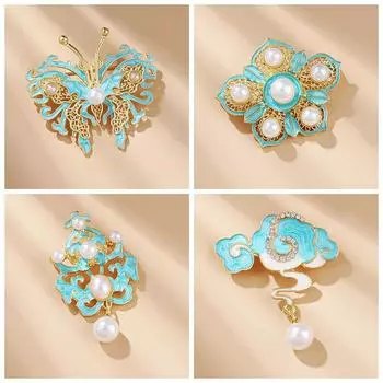 Китайский стиль этнический ажурный капающий масляный жемчуг бабочка благоприятное облако кулон брошь ципао аксессуары женская булавка