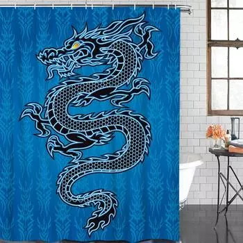 Китайский стиль Черный дракон синий водонепроницаемый украшение для ванной комнаты занавеска для душа с крючком занавески для ванной аксессуары для ванной комнаты 90Wx180H CM