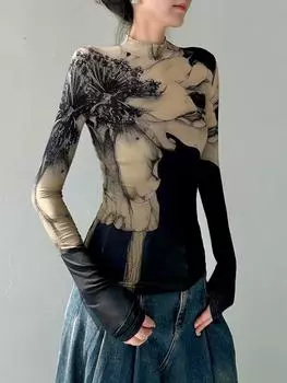 Китайский стиль Цветочный принт Нижняя часть ретро топы женские осенние новые водолазки облегающие футболки винтажные Y2k длинные рукава эстетичные пуловеры S чёрный