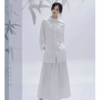 Китайский стиль династий Вэй и Цзинь, модифицированный Ханфу, рубашка на пуговицах с воротником-стойкой, широкие брюки, танцевальный костюм, храм, фото