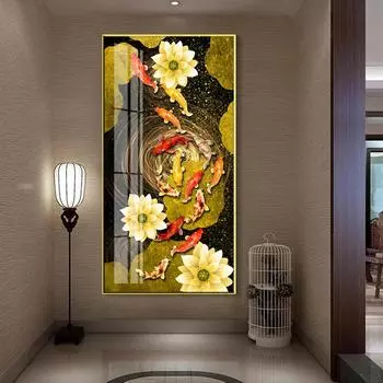 Китайский стиль гостиная абстрактные золотые рыбы лотоса холст картины современное искусство плакаты принты украшения стены коридора картины без рамки 20*40cm No Frame