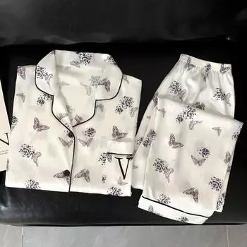 Китайский стиль Искусство Бабочка Цветок Женская пижама Элегантная Эстетика Повседневная Домашняя одежда для сна Новая Осенняя одежда для отдыха M белый