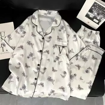 Китайский стиль Искусство Бабочка и Цветок Женская Пижама Элегантная Эстетика Повседневная Домашняя Одежда Для Сна Осенняя Одежда Для Дома M белый