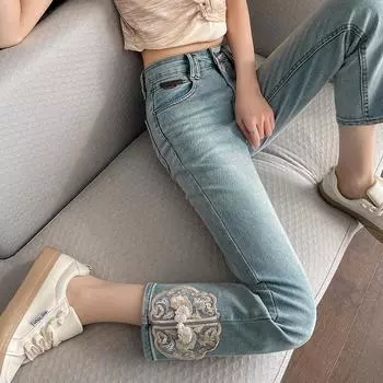 Китайский стиль Китайские джинсы для женщин Летом Новые С высокой талией Маленький дизайн Вышитые Девятиточечные Прямые брюки XS синий