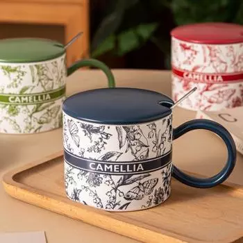 Китайский стиль Китайский стиль керамическая кружка чернила цветок ins кофейная чашка гостиная бытовая чашка для завтрака с крышкой ложка 380ml синий